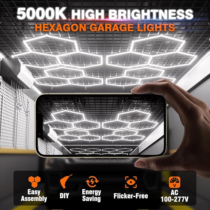 Hexagon Garage Lights, 3-HEX Updated Bigger Size, 19200lm Super Bright Car Detailing Ceiling, Led Hexagon Lights, Honeycomb Lights for Detailing, Home Gym, DIY Workspace, Basement Garage