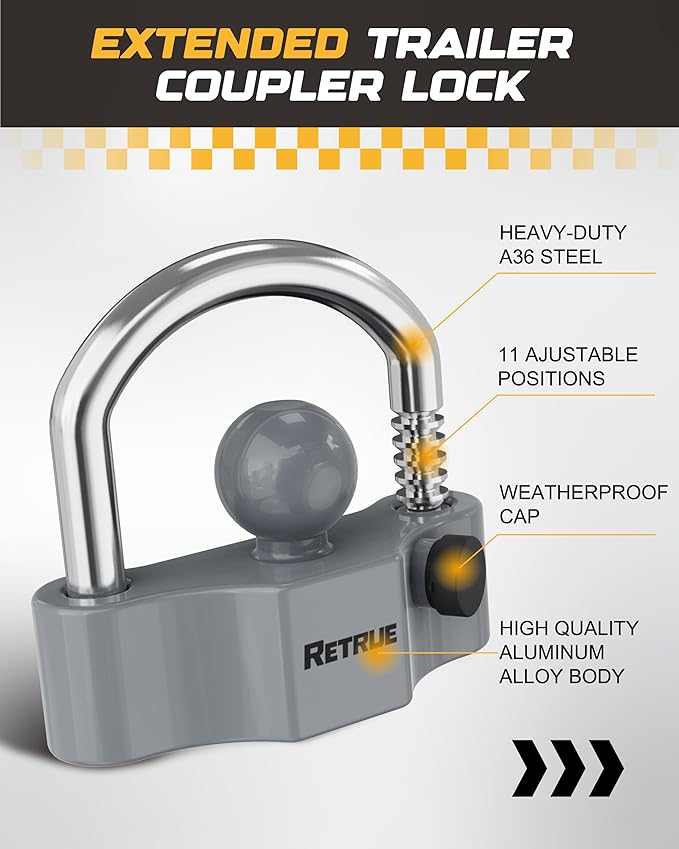 RETRUE Heavy-Duty Universal Widened Coupler Lock Fits 2-5/16 Inch Trailer Ball Locks Hitch Trailer Hitch Lock Adjustable Security Steel Fits 1-7/8 Inch, 2 Inch, 2-5/16 Inch Couplers, Upgraded Gray