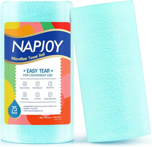 Napjoy Microfiber Cleaning Cloth Roll, 75PK Easy Tear Away Reusable Paper Towels, 12" x 12", Lint-Free and Scratch-Free with Patented Fiber Technology Microfiber Towel Roll, Blue