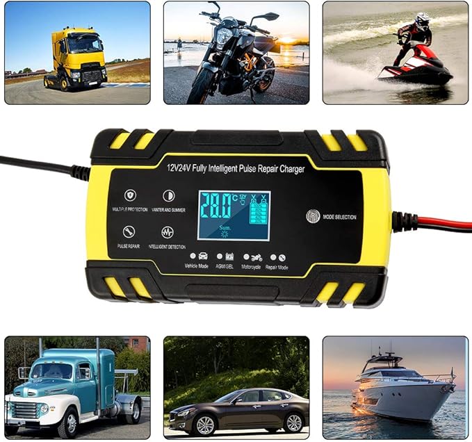 Automatic Smart Battery Charger Car 12V/24V | Pulse Repair Charger with LCD Display | Intelligent Mode Overvoltage Protection Temperature Monitoring for Car, Truck, Motorcycle, Boat, SUV, ATV