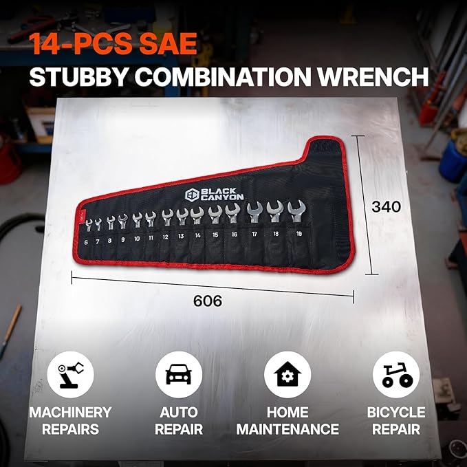 BLACK CANYON 14-Piece Metric Stubby Combination Wrench Set with Roll-Up Pouch - Cr-V Steel Chrome Finish for Tight Spaces