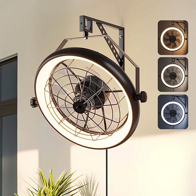 Wall Mounted Fan with Lights, 23” Wall Mount Fan with Remote, 6 Speeds Plug in Wall Fan, Reversible, 3CCT, Dimmable, Noiseless, 360°Adjustable Tilt for Workshop, Patio, Home