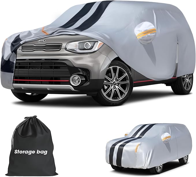 Multi-Layer Car Cover Custom Fit for Kia Soul(2009-2026), 100% Waterproof All Weather for Automobiles, Gift with Towel, Heavy Duty Car Covers for Rain Sun UV Protection with Door Zipper
