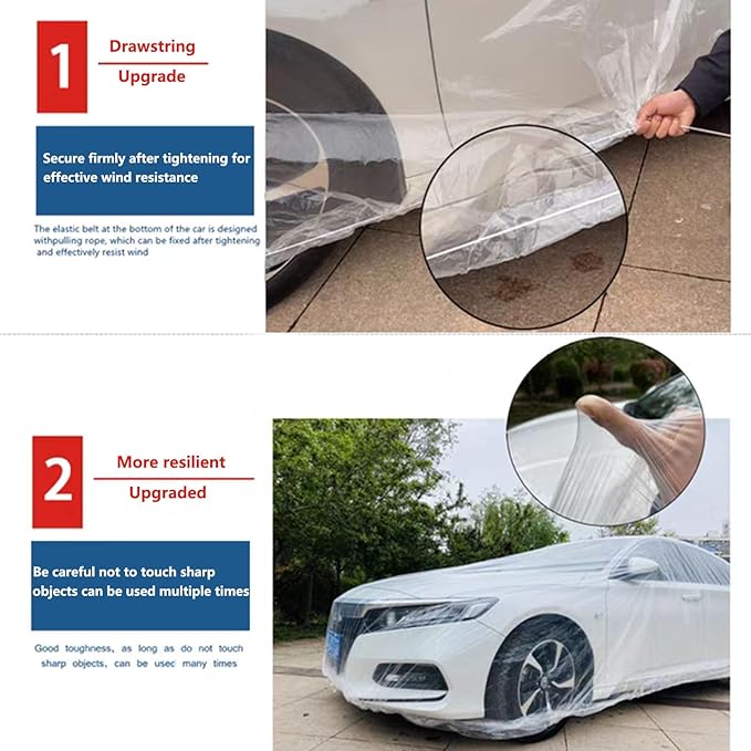 Car Essential Universal Disposable Clear Plastic Car Cover Suitable SUV Sedan (Membrane Size：12.5ft x 21.4ft) with Elastic Band for Outdoor Snow Rain Weather，Individually Packaged, Super Convenient