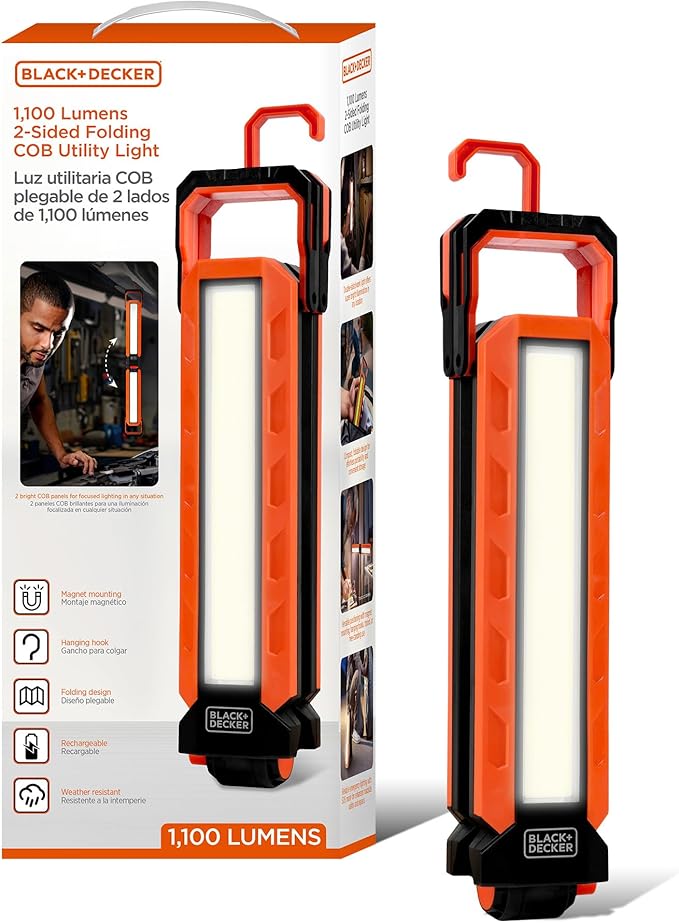 BLACK+DECKER Rechargeable Hanging LED Light, 1100 Lumens Foldable Double-Sided LED Work Light, 5 Modes, Tripod, Hook & Magnetic Mount, Indoor/Outdoor IP54 Weather-Resistant COB Lighting, Adjustable