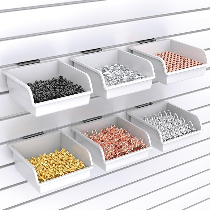 Slatwall Bins with Hooks Plastic Slatwall Organizer Slatwall Containers Workbench Bins for Slat Wall Organizing Hardware, Garage, Craft Room, Tool Shed, Hobby Supplies (6, White)