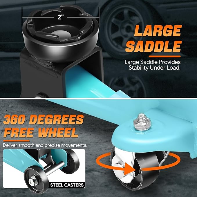 PM PERFORMOTOR Low Profile Hydraulic Trolley Service/Floor Jack Combo with 2 Ratchet Jack Stands, 2 Ton (4000 lbs) Capacity, Tiffany Blue, PM-TOL-FJ3P-TB