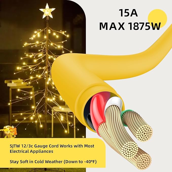 EP 12/3 50 FT Indoor Outdoor Yellow Extension Cord Waterproof, 12 Gauge 3 Prong Power Cord Flexible Resistant Appliance Extension Cable Electric Cable Outside, 15A 1875W 12AWG SJTW, ETL Listed