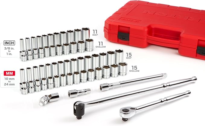 TEKTON 1/2 Inch Drive Shallow and Deep 6-Point Socket and Ratchet Set with Case, 57-Piece (3/8 - 1 in., 10 - 24 mm) | SKT25301