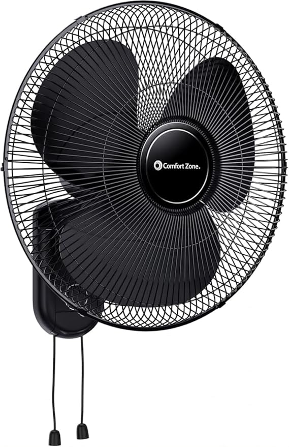 Comfort Zone 16-Inch Oscillating Wall Mount Fan – Quiet 3-Speed Indoor Fan with 60° Adjustable Tilt, Pull-Chain Control & Durable Metal Grille – Space-Saving Cooling for Home, Office, & Greenhouse