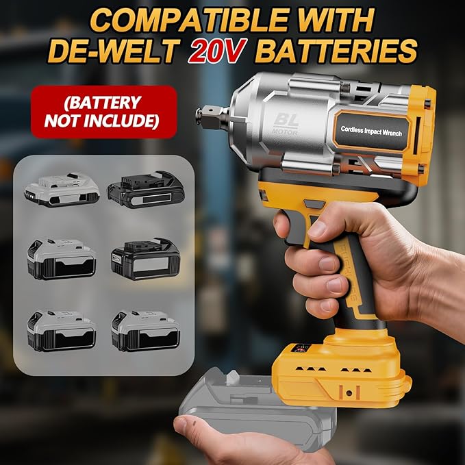 Labfintom Cordless Impact Wrench 1/2 Inch for De-Walt 20V Battery, 1200N.m High Torque Brushless Electric Impact Gun, 3-Speed, 5 Sockets, Power Impact Driver for Car Tires, Auto Repair(No Battery)