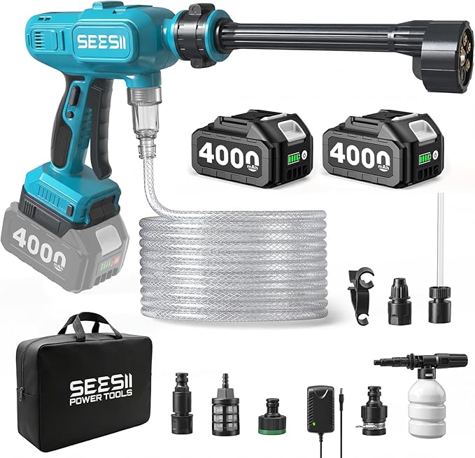 SEESII Cordless Pressure Washer Battery Powered, Dual 4000mAh Batteries Portable Power Washer with 6-in-1 Nozzle & Foam Cannon for Car, Home, Garden, Patio and Fence Cleaning