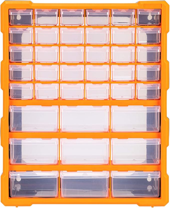 Amazon Basics Wall Mount Hardware and Craft Storage Cabinet Organizer with 39 Drawers, Plastic Garage Organization System with Dividers for Small Parts, Black, Orange, 15" x 6.3" x 18.6"
