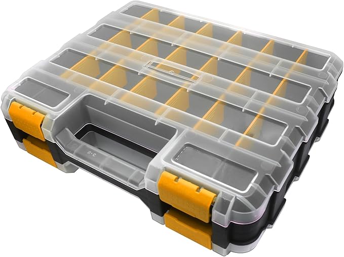 Double Side Tool Box Organizer, Hardware Storage Box, Portable Small Parts Organizer with Removable Plastic Dividers for Screws, Nuts, Nails, Bolts (Orange)