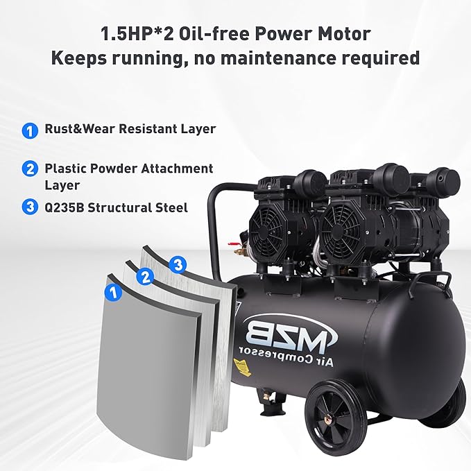 MZB 13.2 Gallon Ultra Quiet Air Compressor 115Psi Steel Tanks Oil Free Air Compressor Ideal for Tire Inflation Pneumatic Tool Spray Painting 70dB Noise Level