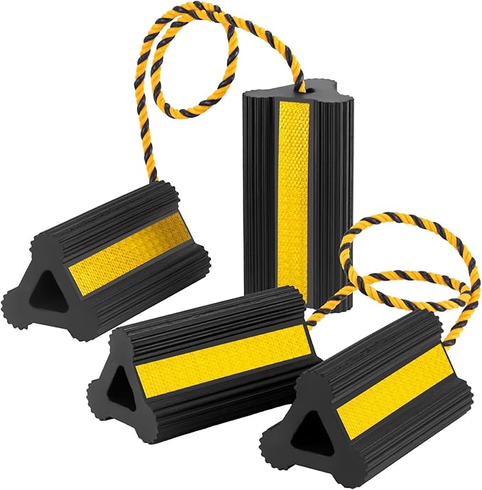 Heavy Duty Wheel Chocks - Wheel Stoppers for Trailer Travel Trailers RV Aircraft Car Camper Truck, Non Slip Rubber Wheel Block with Nylon Rope Yellow Reflective Tape(2 Pair)