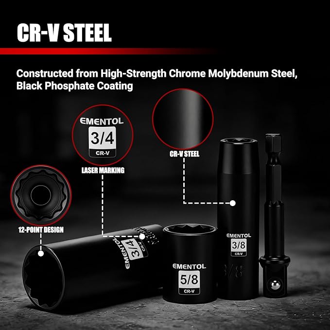 EMENTOL 3/8" Drive Impact Socket Set, 25PCS, SAE(5/16"- 1"), Deep and Shallow, 12 Point, Includes Drill Bit Adapter
