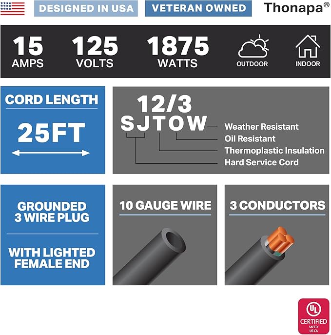 Thonapa 6 Foot Outdoor Extension Cord - 12/3 Heavy Duty Black Extension Cable with 3 Prong Grounded Plug for Safety - Great for Garden, Tools and Major Appliances