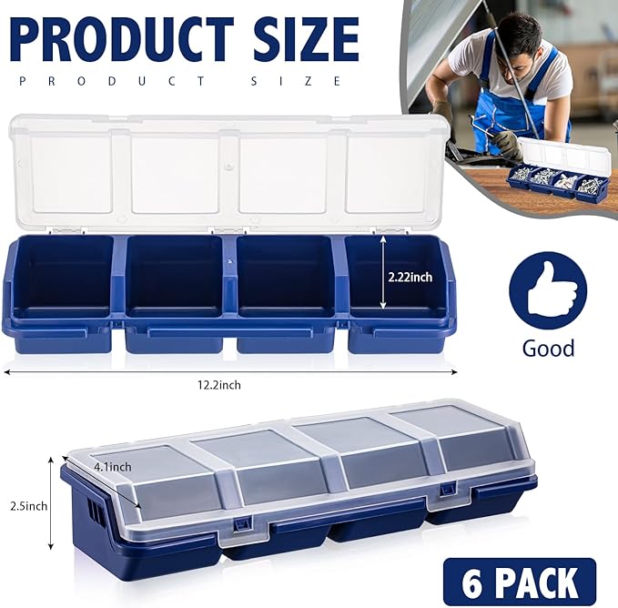 Hushee 6 Pcs Screw Organizer Box with Lid 4 Compartments Tool Bin Divider Plastic Stackable Hardware Organizer Small Part Storage Sorting Screw Box for Garage Workbench Craft Storage (Blue)