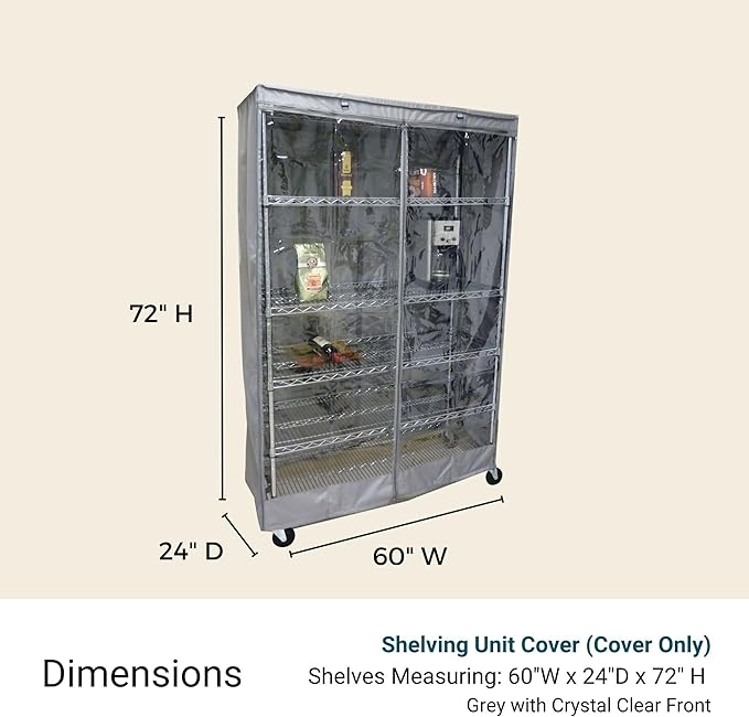 Formosa Covers Premium Clear Front Wire Shelf Cover Grey - Heavy-Duty Storage Solution Wire Rack Cover (60”Wx24”Dx75”H) - Waterproof PVC, Water/Dust Resistant Fabric, Multi Zipper (No Shelf)