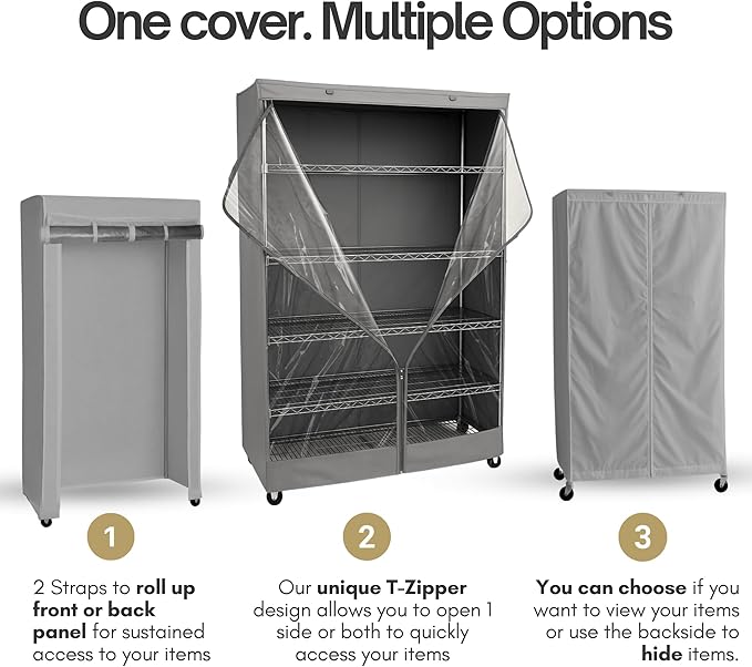 Formosa Covers Premium Clear Front Wire Shelf Cover Grey - Heavy-Duty Storage Solution for Wire Rack Storage (30”Wx14”Dx60”H) - Waterproof PVC, Water/Dust Resistant Fabric, Multi Zipper (NO SHELF)