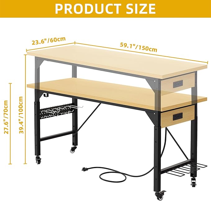 DWVO 60" Adjustable Workbench on Wheels, Garage Tool Work Bench with Outlets & Wheels, Heavy-Duty 1600 LBS Load Capacity Work Table for Workshop, Office, Home, or Outdoor Use