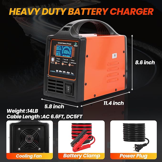 12V 24V Car Battery Charger Heavy Duty, 0-15A Automatic Battery Maintainer, Smart Trickle Charger with Repair & Winter Mode, Auto Shut-Off for AGM, Deep Cycle, Automotive, RV, Marine