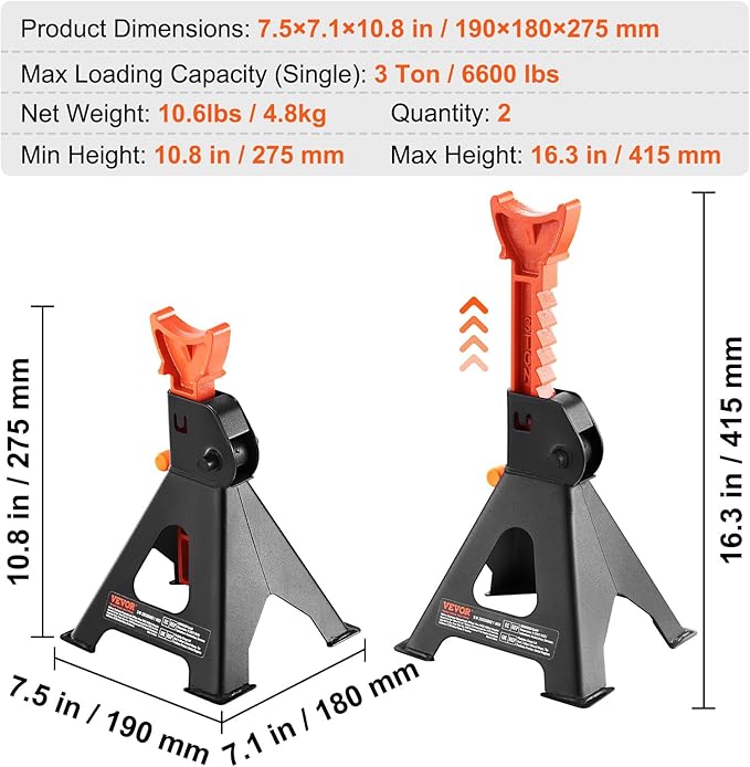 VEVOR Jack Stands, 3 Ton (6,000 lbs) Capacity Car Jack Stands, 10.8-16.3 inch Adjustable Height, for lifting SUV, Pickup Truck, Car and UTV/ATV, Red, 1 Pair