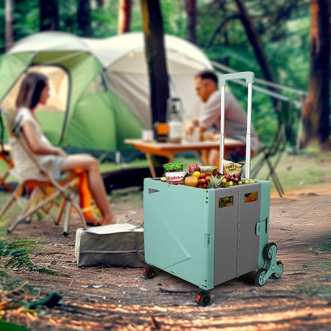 76L Folding Utility Cart Portable Rolling Crate Handcart Shopping Collapsible Tool Box with Stair Climbing Wheels,Hidden Lid,2 Rotate Wheels,for Grocery,Shopping,Office,Storage(Green)