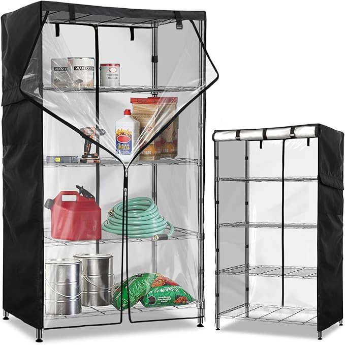 Wire Shelf Cover,600D Heavy Duty 100% Waterproof Shelf Covers for Wire Shelving,Outdoor Storage Shelves Cover for Metal Rack,48" W x 18" D x 82" H,Black with Clear Front