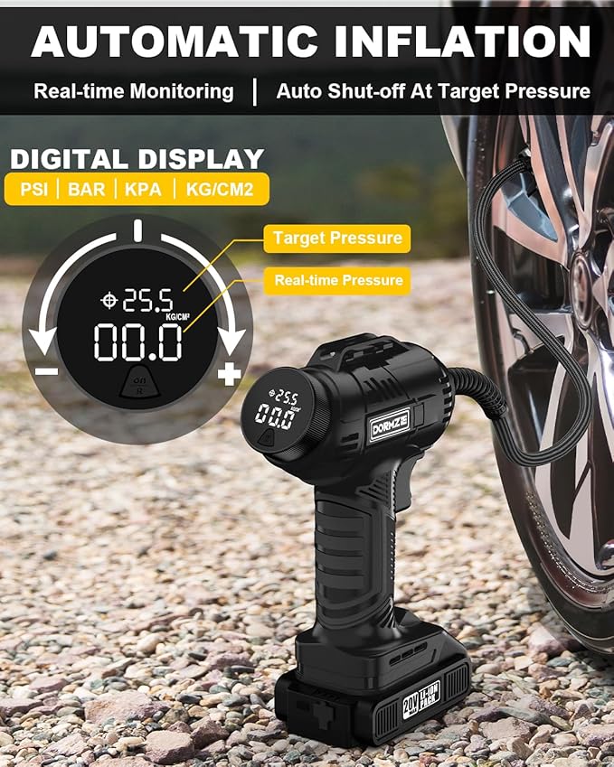 Tire Inflator Portable Air Compressor, 150 PSI Handheld Air Pump for Car Tires with 20V Rechargeable Battery, 12V Car Power Adapter, Digital Display, Ball, Motorcycle, Bike Pump