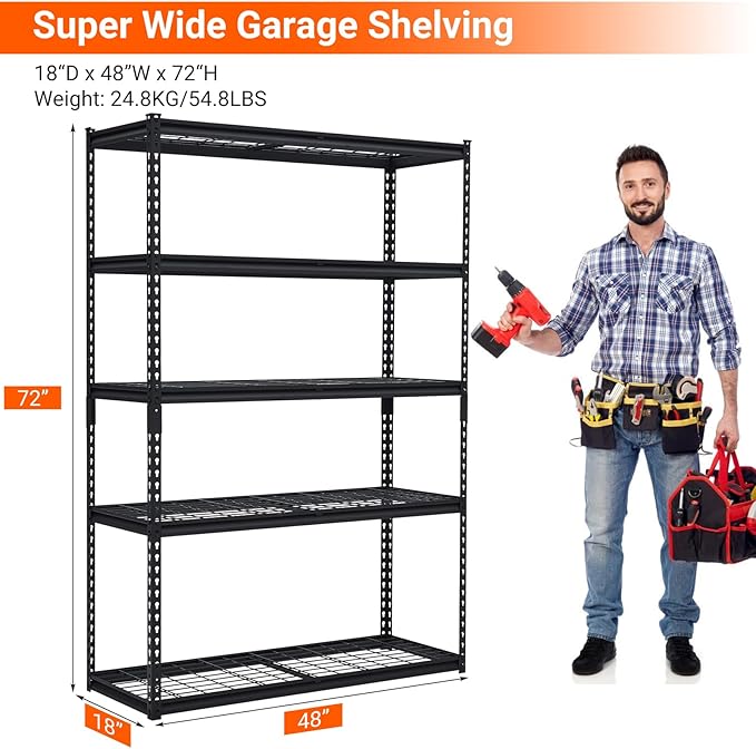 Towallmark Heavy Duty Storage Shelves 48 * 18in, 5 Tier Garage Storage Shelving, Adjustable Metal Storage Shelf Unit, Easy Assemble Garage Storage Shelving