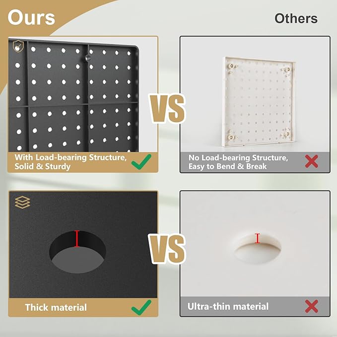 FZK Peg Board, Black Pegboard 4pcs and 46 Pegboard Hooks with Strong Ribs Back Holds up for 200Ib, Peg Board Organizer for Walls for Garage Workshop Office Kitchen, 16"*16"
