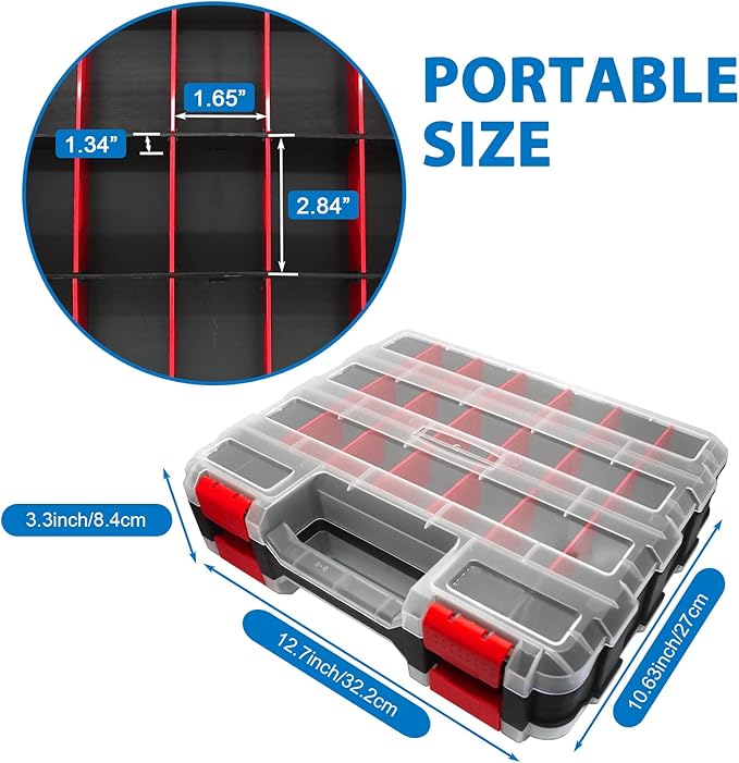Double Side Tool Box Organizer, Hardware Storage Box, Portable Small Parts Organizer with Removable Plastic Dividers for Screws, Nuts, Nails, Bolts (Red)