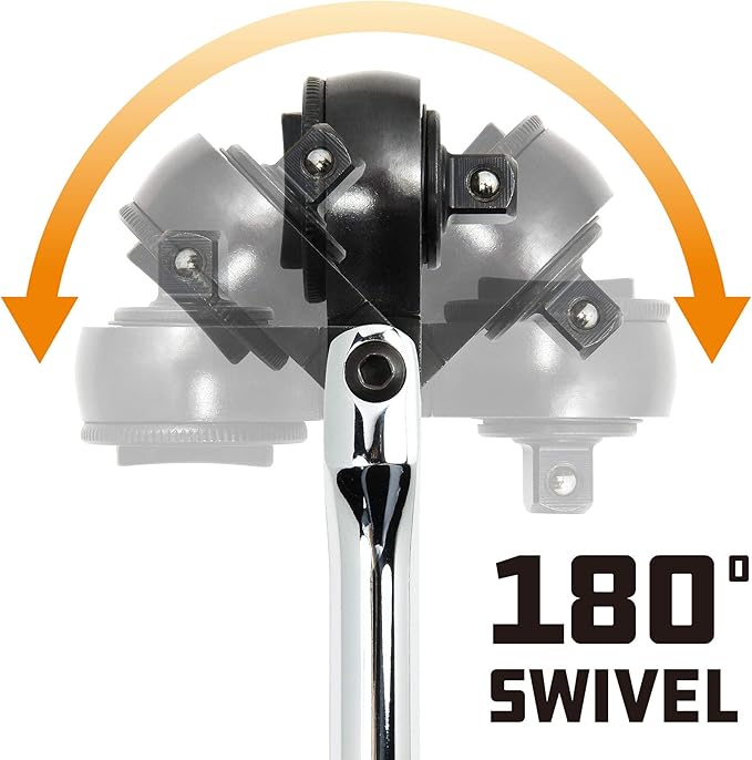 Powerbuilt 3/8" Drive Flex-Head Ratchet Handle, Spin Disc Ratchet for one-finger spin-down and off, Full length spiral-machined Handle - 641506