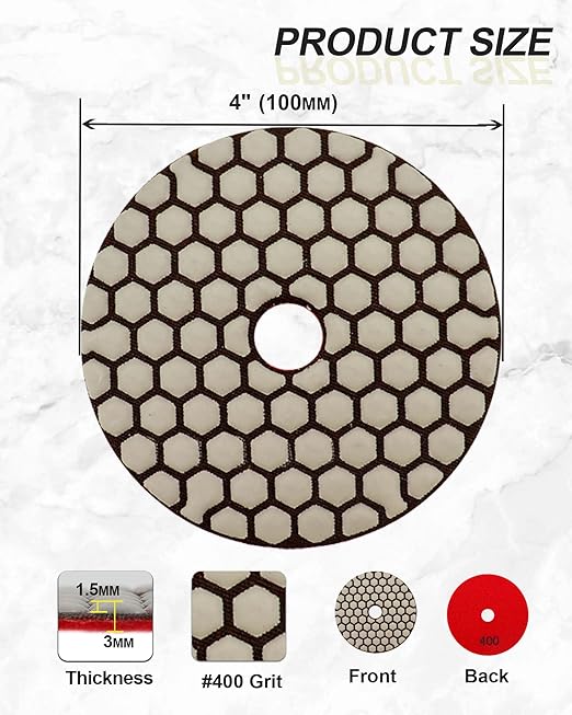 Dry Diamond Polishing Pads 4"/100mm - 8pcs Grit 400 Polish Pad Kit for Granite Marble Artificial Stone Quartz for Angle Grinder SANLEETEK