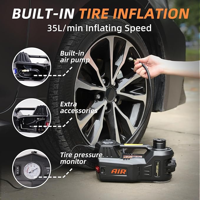 STANDTALL Electric Car Jack Quick Lifting Safe and Portable with Tire Inflator and LED Light Complete Set of Accessories 12V Hydraulic Floor Jack