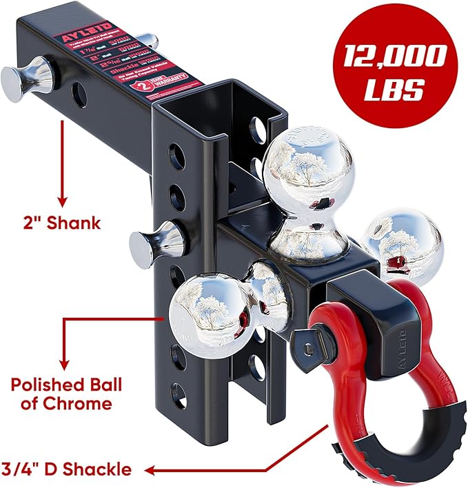Ayleid Trailer Hitch Tri-Ball Mount with Hook&Pin&Rotatable Tow Shackle,Fits 2-in Receiver with 1-7/8-in,2-in,2-5/16-in Hitch Ball , Adjustable with Shackle
