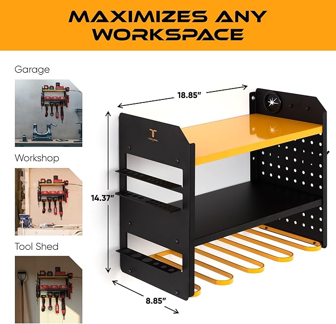Power Tool Organizer Wall Mount, 4 Layer Heavy Duty Metal Tool Storage Rack with 4 Drill Holders, Pegboard Side Panels & Hooks, Garage Tool Organizer Wall Mount for Cordless Tools, Workshop, Shed
