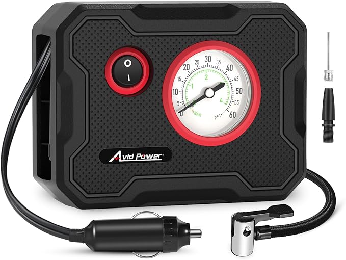 AVID POWER 12V Tire Inflator Portable Air Compressor, Portable Car Air Pump w/Display Gauge & LED Light, Air Pump for Car Tires, Motorcycles, Bicycles – 9.5Ft Cord, Ultra-compact