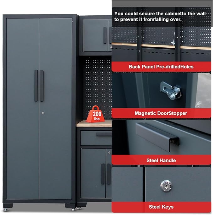 Garage Storage Cabinet System,26Pcs Garage Cabinets and Storage System Corner Workshop Set with Corner Cabinet, Cabinet Drawers, Workbench, Pegboard for Tool Organization, Black Grey