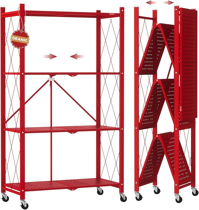 DEANIC 4 Tier Foldable Storage Shelves with Wheels, Large Capacity Shelving Unit, Freestanding Metal Wire Shelf Rack, No Assembly Organizer Rack for Garage Kitchen, Basement(Red)
