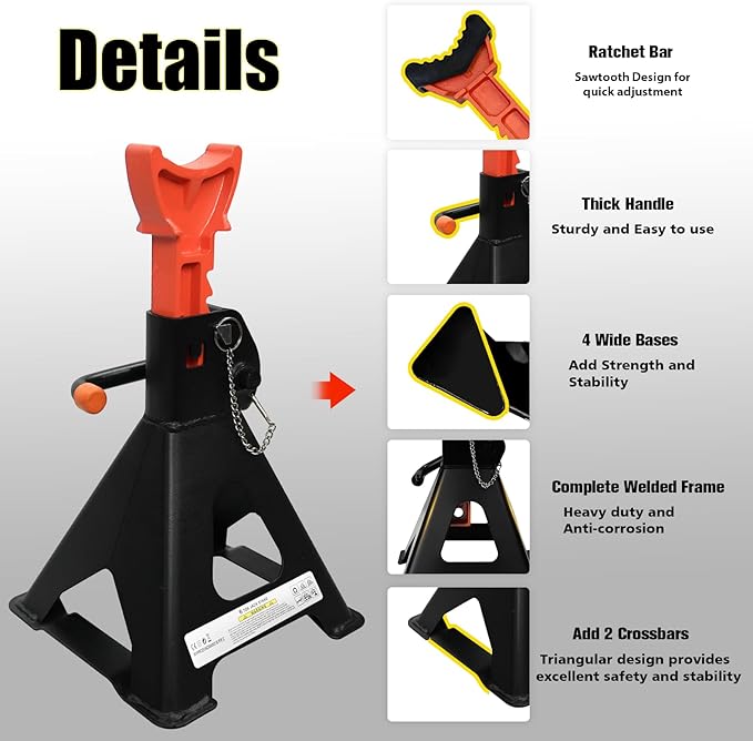 Upgraded Jack Stands 6 Ton (13,200 LBs) with 2 Crossbars and Double Pin Locking,Safe and Stable,Jack Stands 15.35"-22.05" Adjustable with Rubber Pads for Trucks,Home,Garage, SUV,Car,UTV/ATV,1 Pair