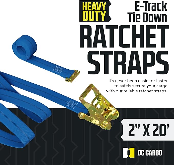 DC Cargo Mall E Track Ratchet Straps Cargo Tie-Downs, (Pack of 4) 2 x 20 Heavy Duty Blue Tie-Down Rachet Straps, Strong Ratchet Strap, E Track Spring Fittings, Tie Down Motorcycle