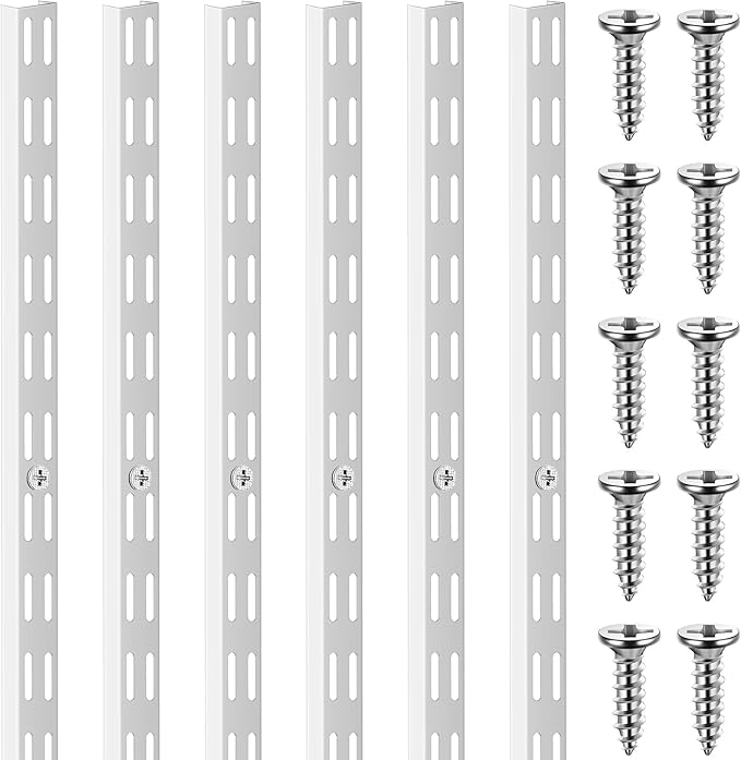 MorningRo 6 Pcs Dual Track Upright Wall Shelving System Heavy Duty Support System Twin Slot Shelf Rail Shelf Standards for Pantries Linen Closets Laundry Rooms(White,25 Inch)
