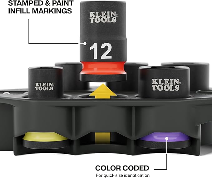 Klein Tools 33808M Grab-And-Go Impact Socket Set, Metric, 7-Piece Set with Sleeve, Carabiner, 3/8-Inch Drive, Color-Coded 8 mm, 10 mm, 12 mm, 13 mm, 14 mm, 15 mm Sockets