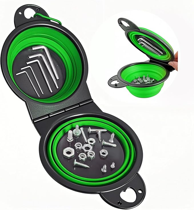 Collapsible Magnetic Parts Tray Set, New Upgraded Version Magnetic Trays, Integrated 5.1" Round Dual Silicone Bowls, Multi-Use Nuts And Bolts Organizer, Bonus Hook for On-the-Go Carry (green2.0)