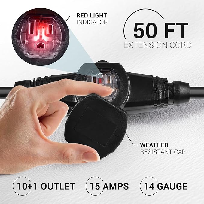 COLSEN Extension Cord with Multiple Outlets – 50 ft Heavy Duty 16 Gauge Power SJTW Cable, 15 Amp 3 Prong 11 NEMA Multi Plug, 14 AWG Male to Female Connector, 5-15R Female Socket, Outdoor/Indoor Black