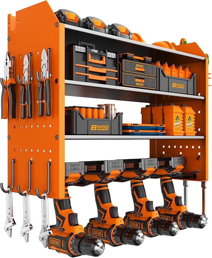 4 Tier Garage Tool Organizer, Drill Holder Wall Mount,Power Tool Storage,Heavy Duty Rack with Hooks,Mens Gifts Orange