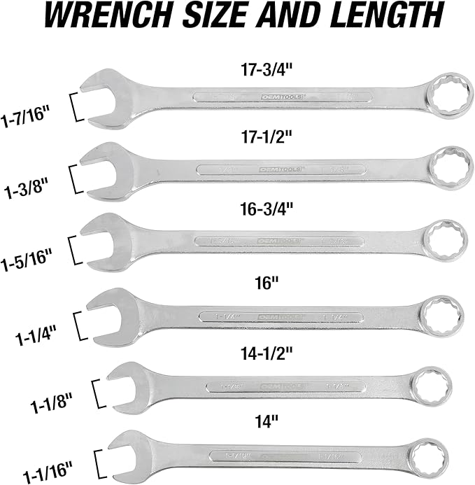 OEMTOOLS 22100 6-PC SAE Jumbo Combination Wrench Set, 1-1/16" to 1-7/16", 12 Pt. Box End Wrenches, 15° Offset for Knuckle Clearance, Chrome Plated Finish with Wrench Roll